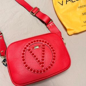 Valentino Red Pebbled Leather Studded V Crossbody Bag